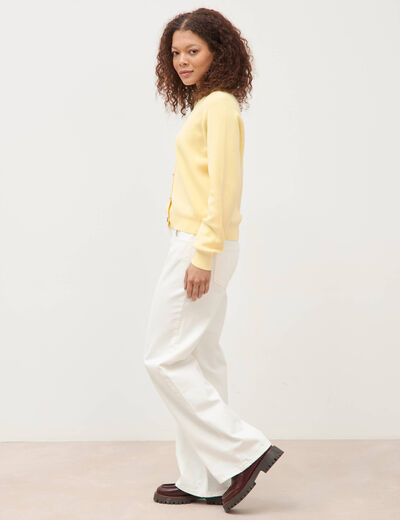 Gilet manches longues col rond en coton jaune clair femme