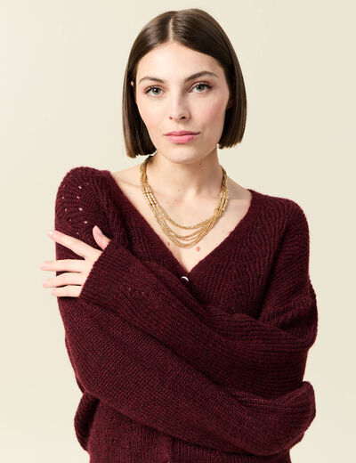 Gilet ajouré col V manches longues bordeaux femme