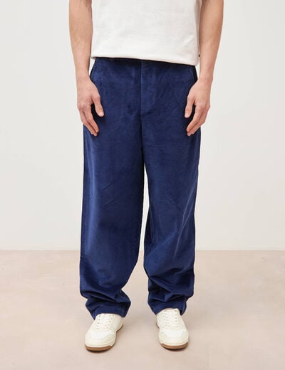 Pantalon large en velours longueur 32 bleu fonc&eacute; homme