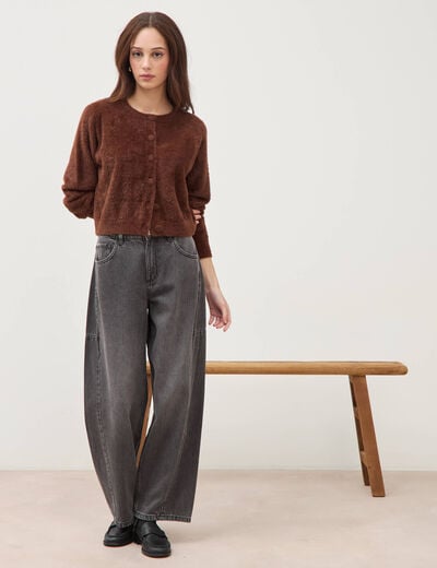 Gilet droit manches longues col rond marron femme