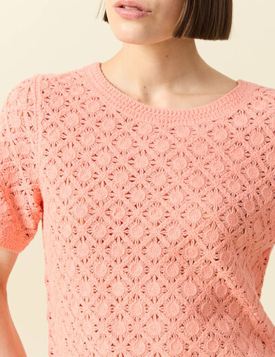 T-shirt ajour&eacute; col rond manches courtes rose saumon femme