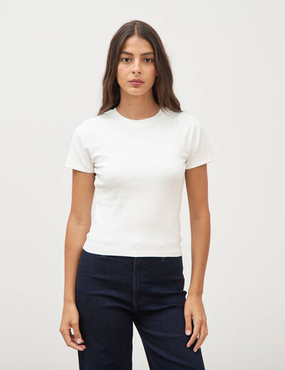 T-shirt ajust&eacute; col rond manches courtes ecru femme