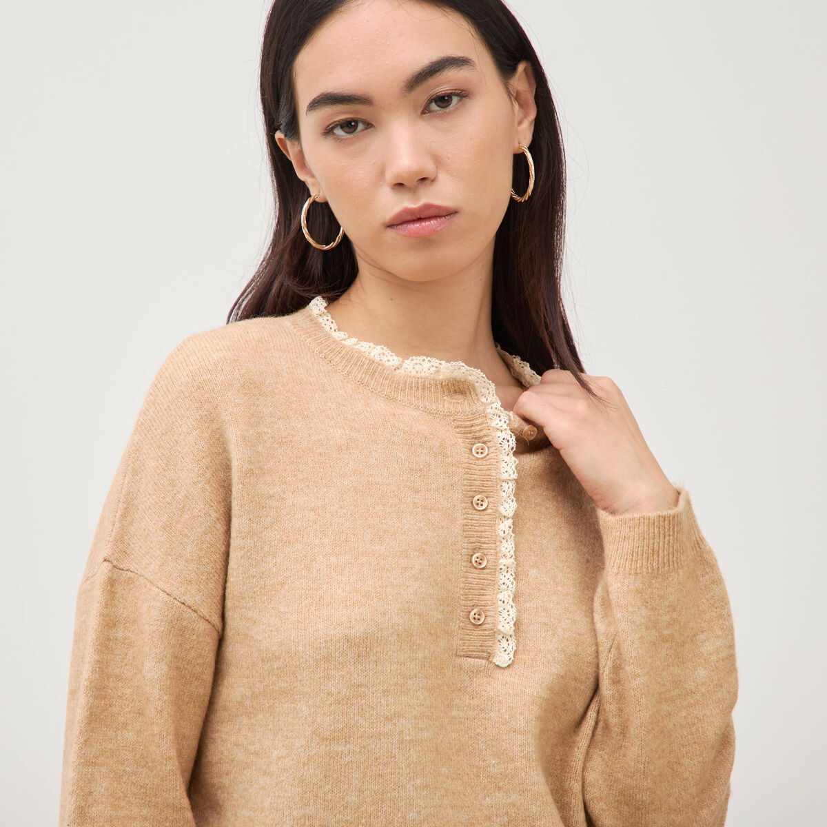 Pull col tunisien manches longues marron clair femme