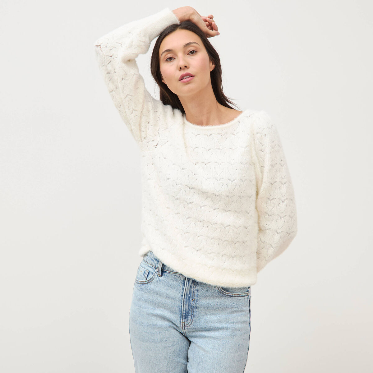 Pull manches longues col bateau ecru femme