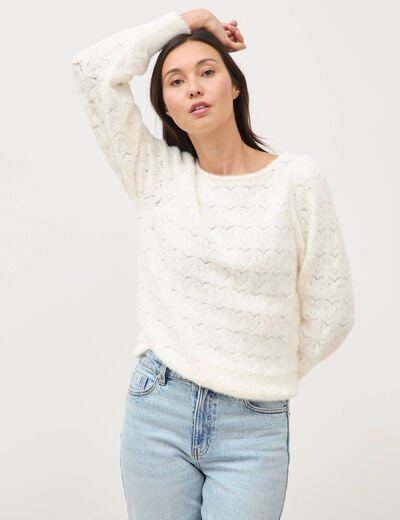 Pull manches longues col bateau ecru femme