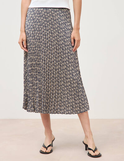 Jupe longue droite pliss&eacute;e bleu marine femme