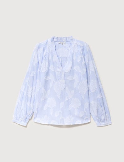 Chemise en coton col V manches longues bleu gris femme