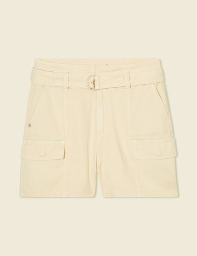 Short cargo fluide ceinturé creme femme