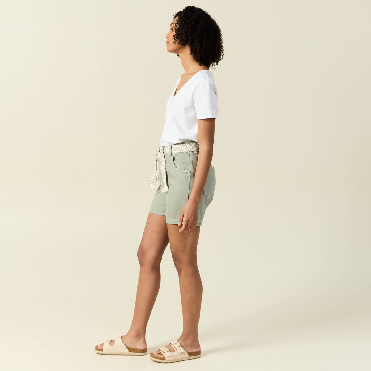 Short boyfriend ceintur&eacute; jean vert kaki femme