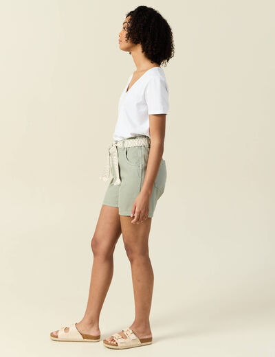 Short boyfriend ceinturé jean vert kaki femme