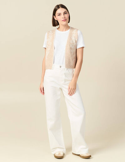 Gilet sans manches col v brod&eacute; creme femme