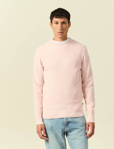 Pull fin col rond manches longues rose poudr&eacute;e homme