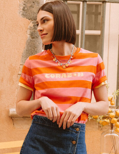 T-shirt ray&eacute; col rond manches courtes orange femme