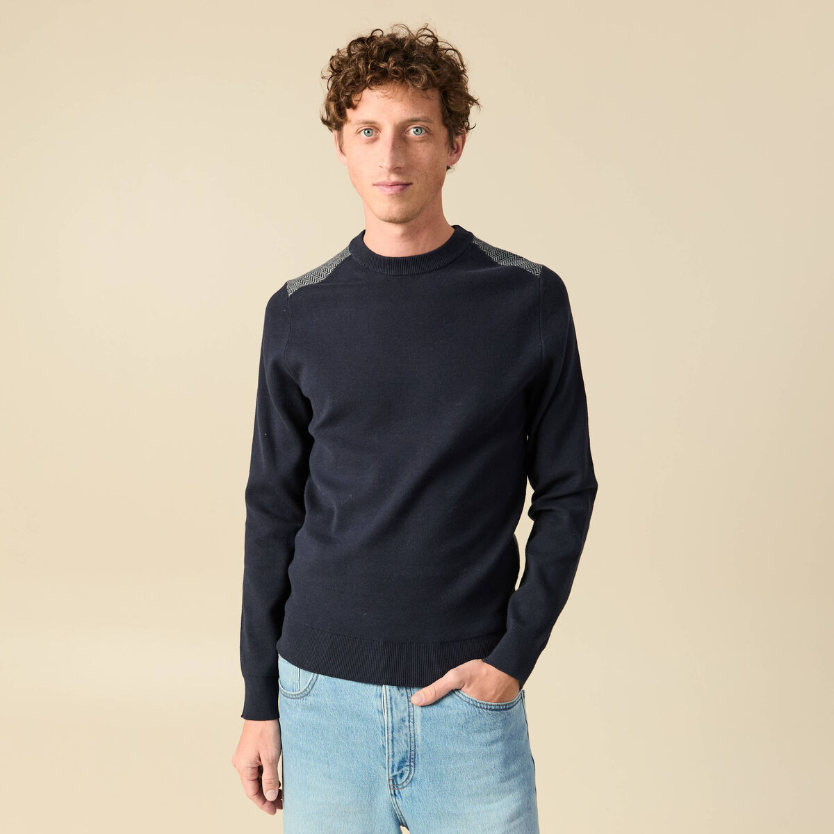 Pull fin col rond manches longues bleu marine homme