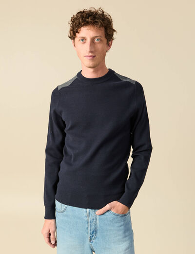 Pull fin col rond manches longues bleu marine homme