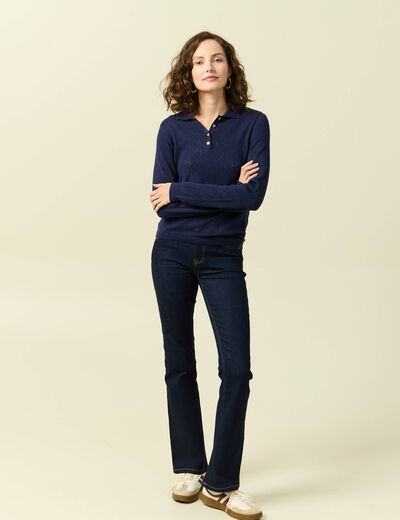 Pull ajour&eacute; manches longues en coton bleu marine femme