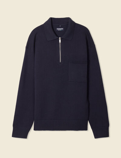 Pull manches longues col polo bleu marine homme
