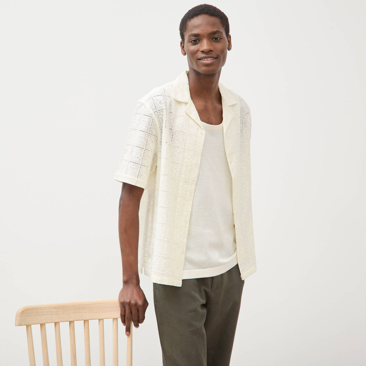 Chemise boyfriend en coton avec broderie ecru homme