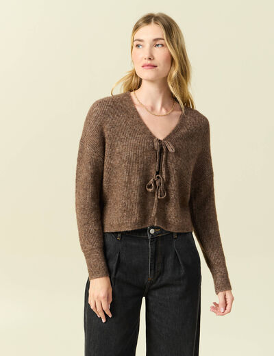 Gilet col V manches longues n&oelig;uds marron femme