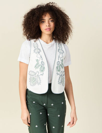 Gilet sans manches brodé ecru femme
