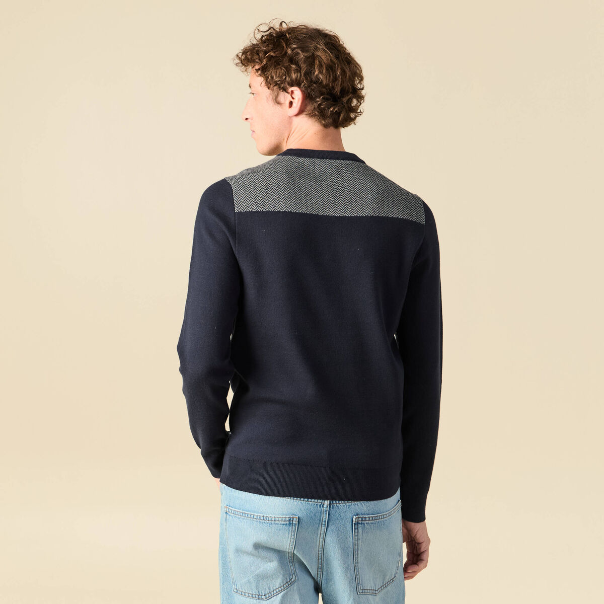 Pull fin col rond manches longues bleu marine homme