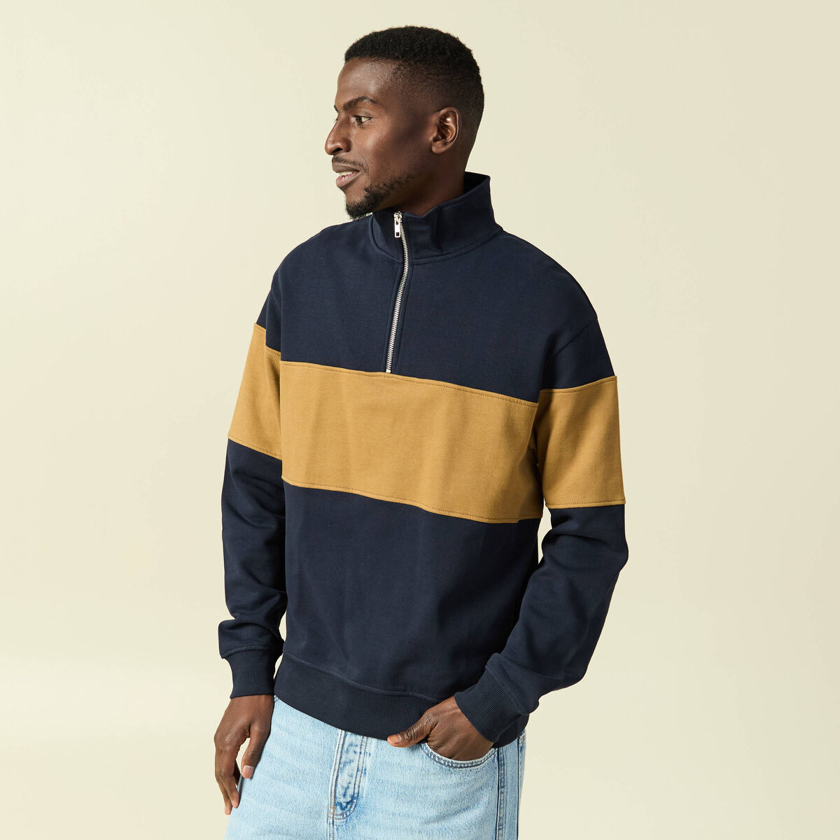 Sweat col montant manches longues bleu marine homme