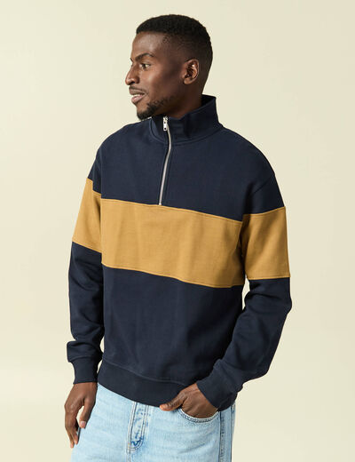 Sweat col montant manches longues bleu marine homme