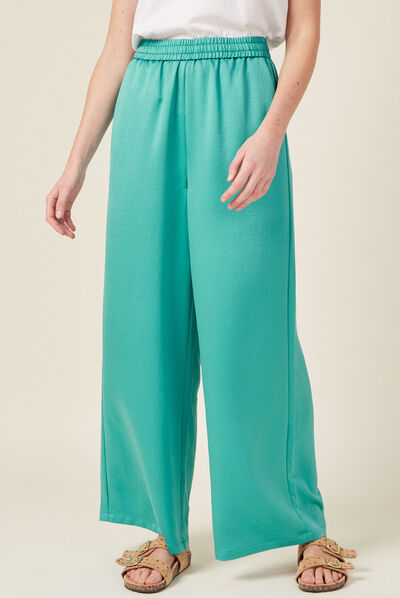 Pantalon large fluide satin bleu turquoise femme
