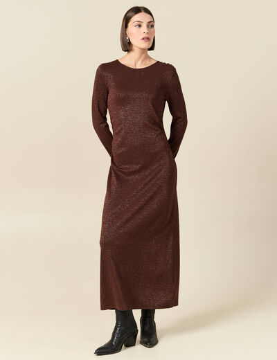 Robe longue ajust&eacute;e manches longues marron femme