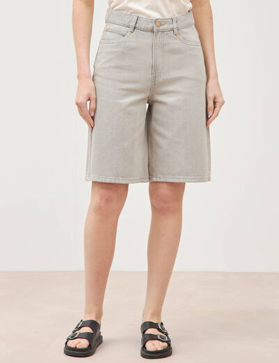 Bermuda large taille haute en coton denim gris clair femme