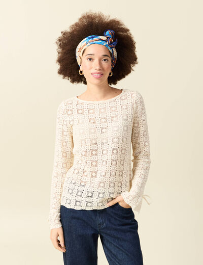T-shirt manches longues en dentelle ecru femme