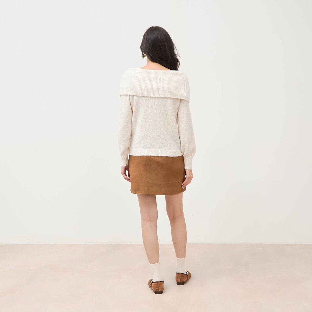 Pull droit manches longues bardot ecru femme