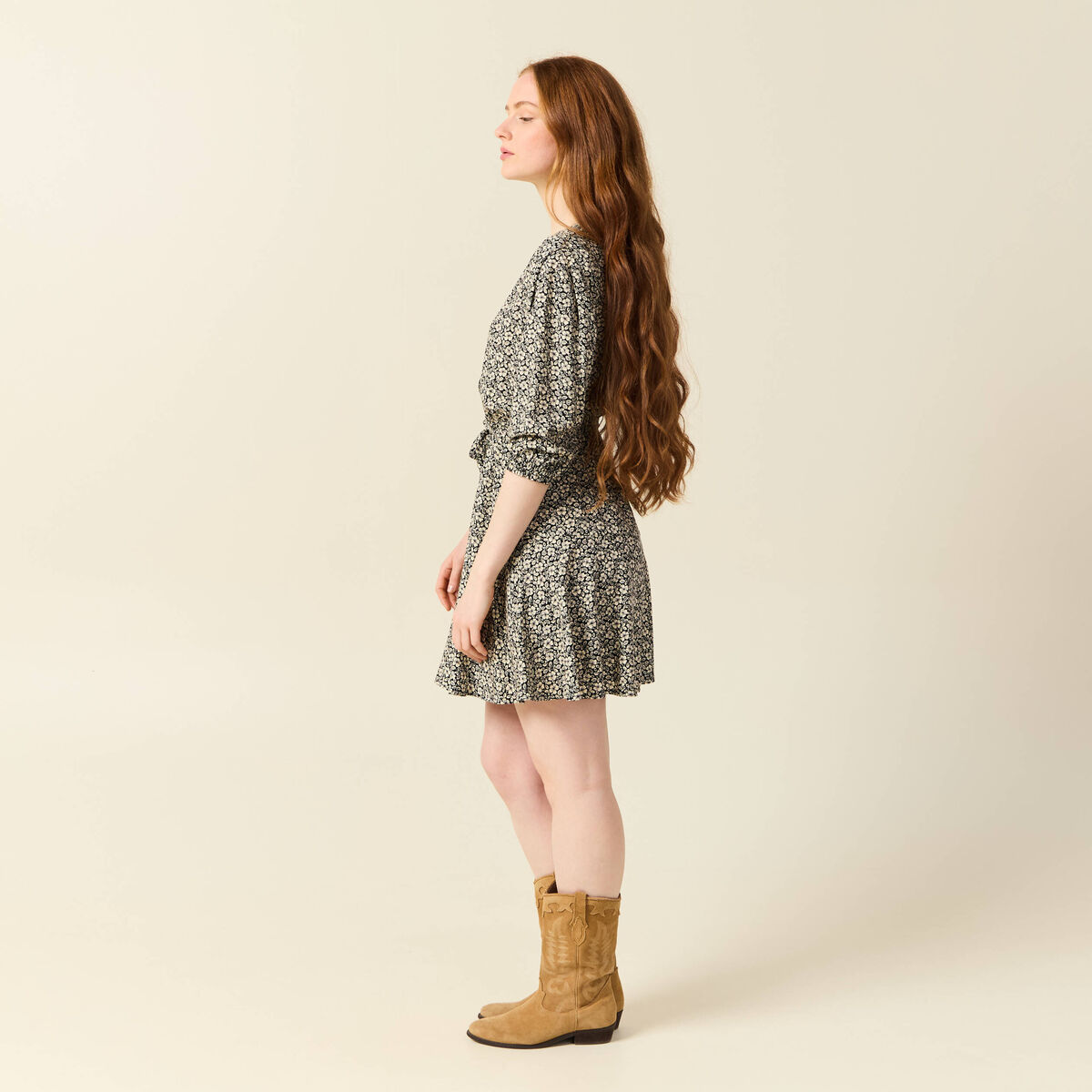 Robe évasée fluide manches 3/4 noir femme