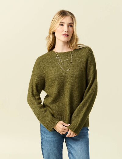 Pull col rond manches longues vert kaki femme
