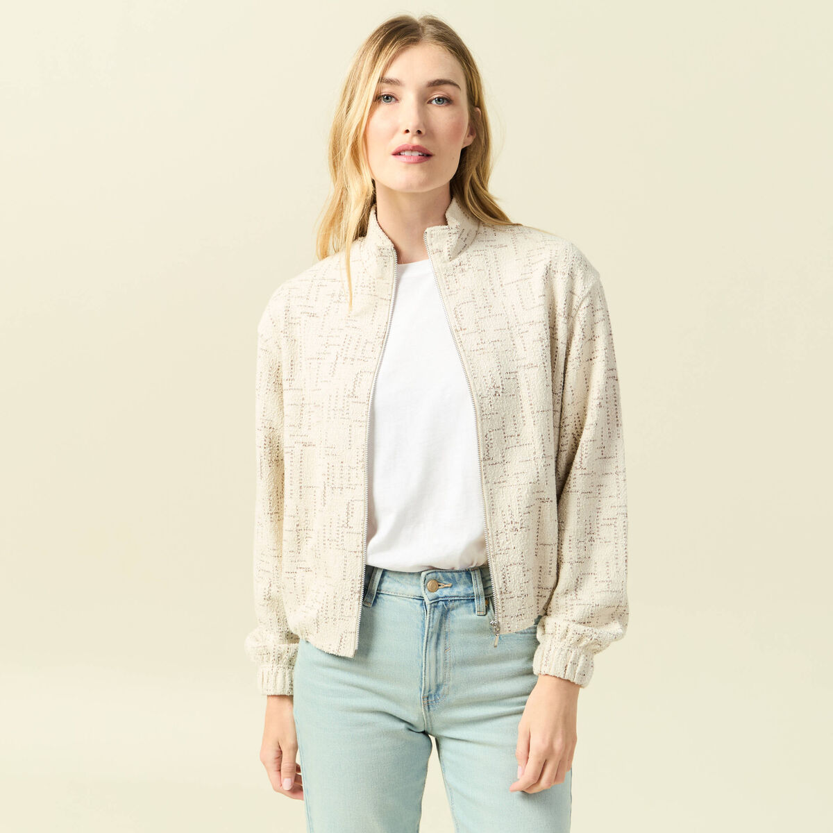 Veste manches longues col montant ecru femme