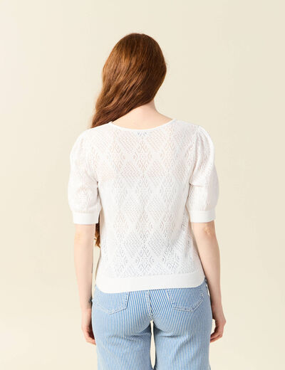 Pull manches courtes ajouré ecru femme