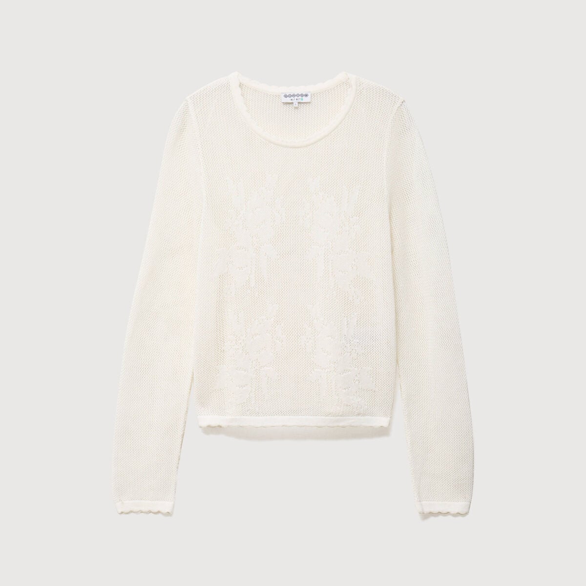 Pull ajour&eacute; col rond manches longues ecru femme