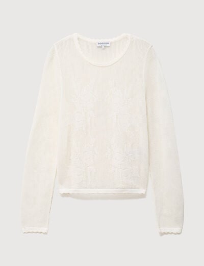 Pull ajour&eacute; col rond manches longues ecru femme