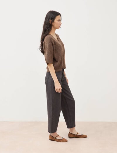 Pull droit col rond manches courtes marron femme