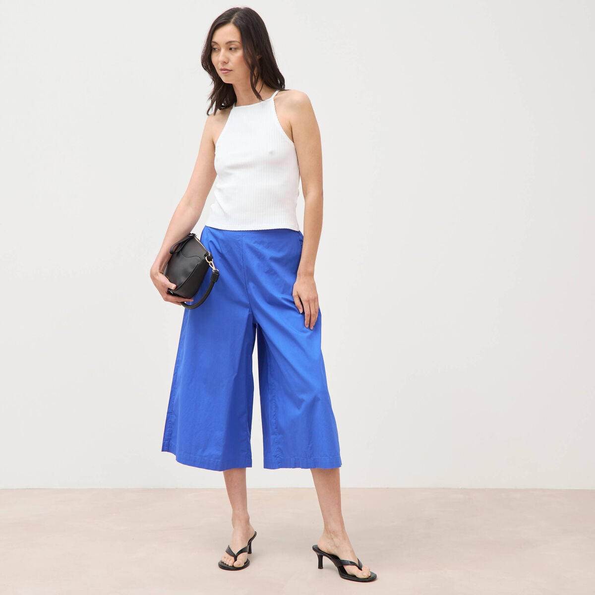 Pantalon large taille haute 3/4 en coton bleu electrique femme