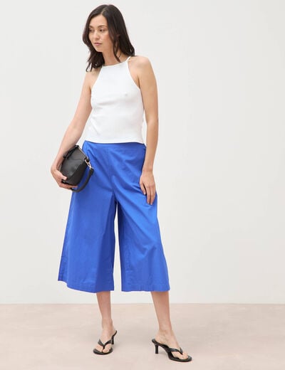 Pantalon large taille haute 3/4 en coton bleu electrique femme