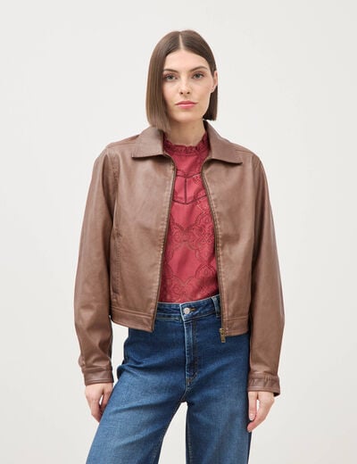 Blouson manches longues similicuir marron femme