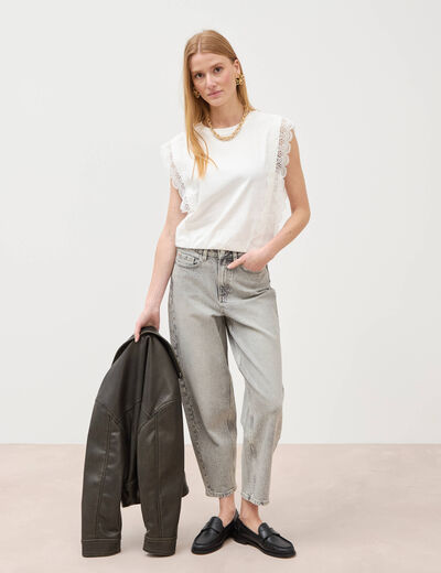 T-shirt col rond sans manches en coton ecru femme