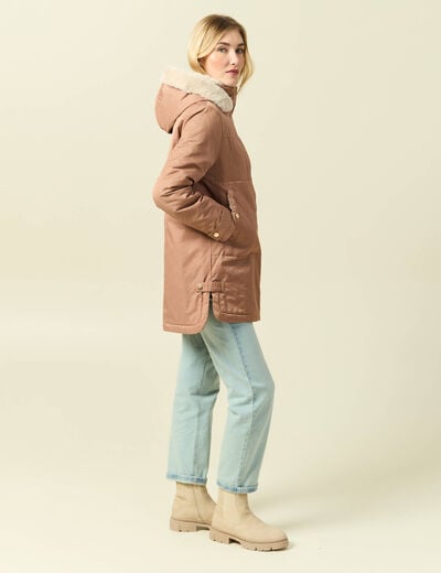Parka droite &agrave; capuche marron clair femme