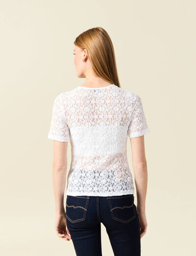 T-shirt cintré col rond dentelle blanc femme