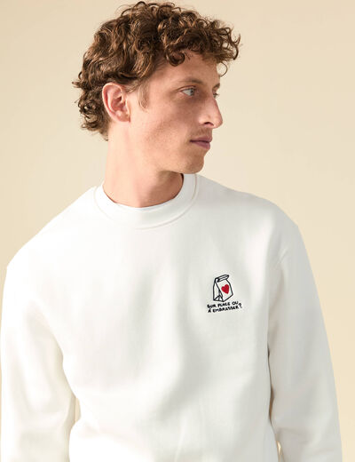 Sweat ras de cou manches longues brod&eacute; ecru homme