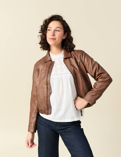 Bomber ajust&eacute; similicuir col tailleur marron femme