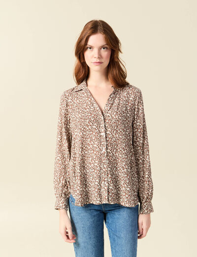 Blouse droite courte manches longues marron femme