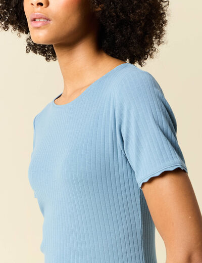 T-shirt manches courtes côtelé bleu clair femme