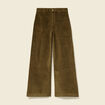Pantalon large taille haute en velours vert kaki femme